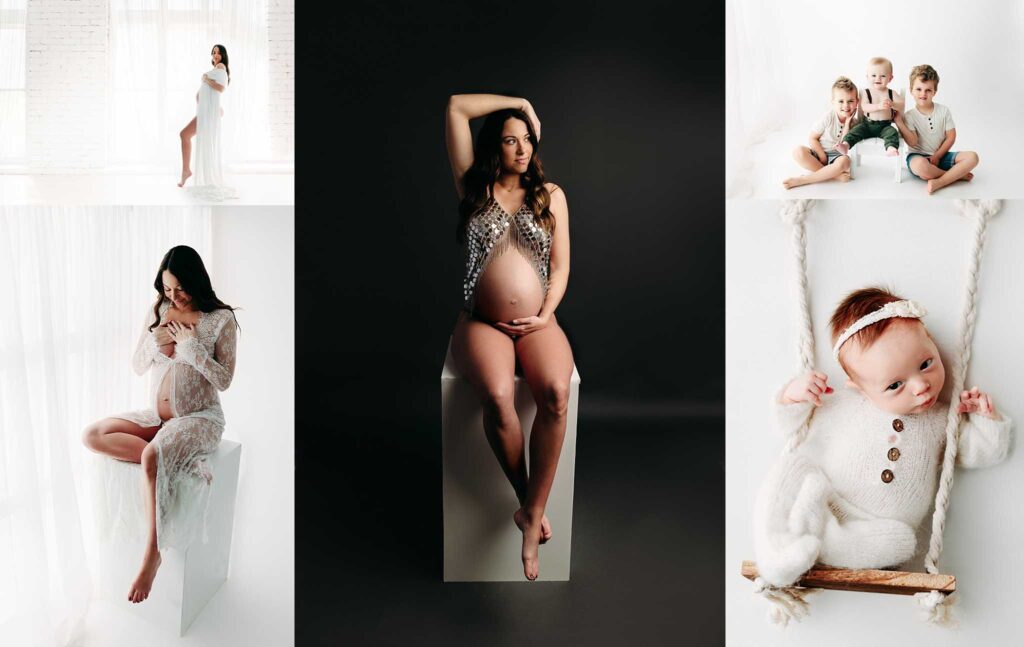 collage of maternity fine art and baby photos white and black backdrops