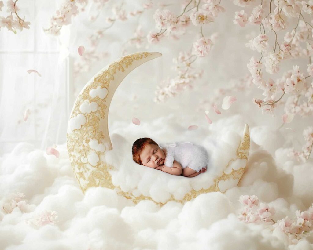 bum up pose white outfit newborn moon flowers clouds